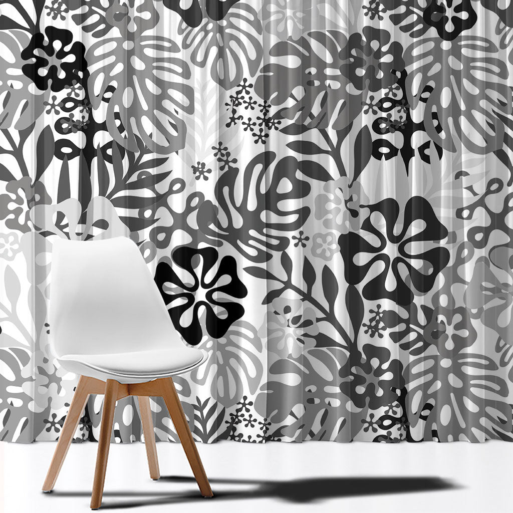 White Aloha Hawaiian Window Curtain Monstera Hibiscus Tropical Pattern