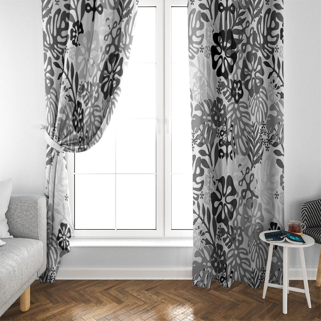 White Aloha Hawaiian Window Curtain Monstera Hibiscus Tropical Pattern