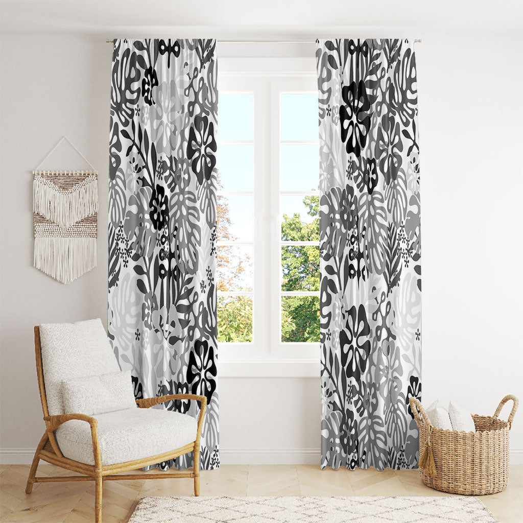 White Aloha Hawaiian Window Curtain Monstera Hibiscus Tropical Pattern