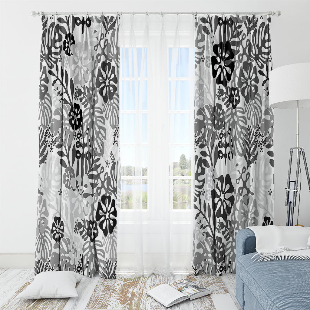 White Aloha Hawaiian Window Curtain Monstera Hibiscus Tropical Pattern