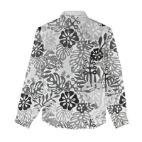 White Aloha Hawaiian Women Casual Shirt Monstera Hibiscus Tropical Pattern