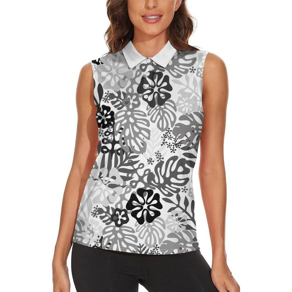 White Aloha Hawaiian Women Sleeveless Polo Shirt Monstera Hibiscus Tropical Pattern