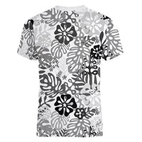 White Aloha Hawaiian Women V-Neck T-Shirt Monstera Hibiscus Tropical Pattern