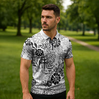 White Aloha Hawaiian Zipper Polo Shirt Monstera Hibiscus Tropical Pattern