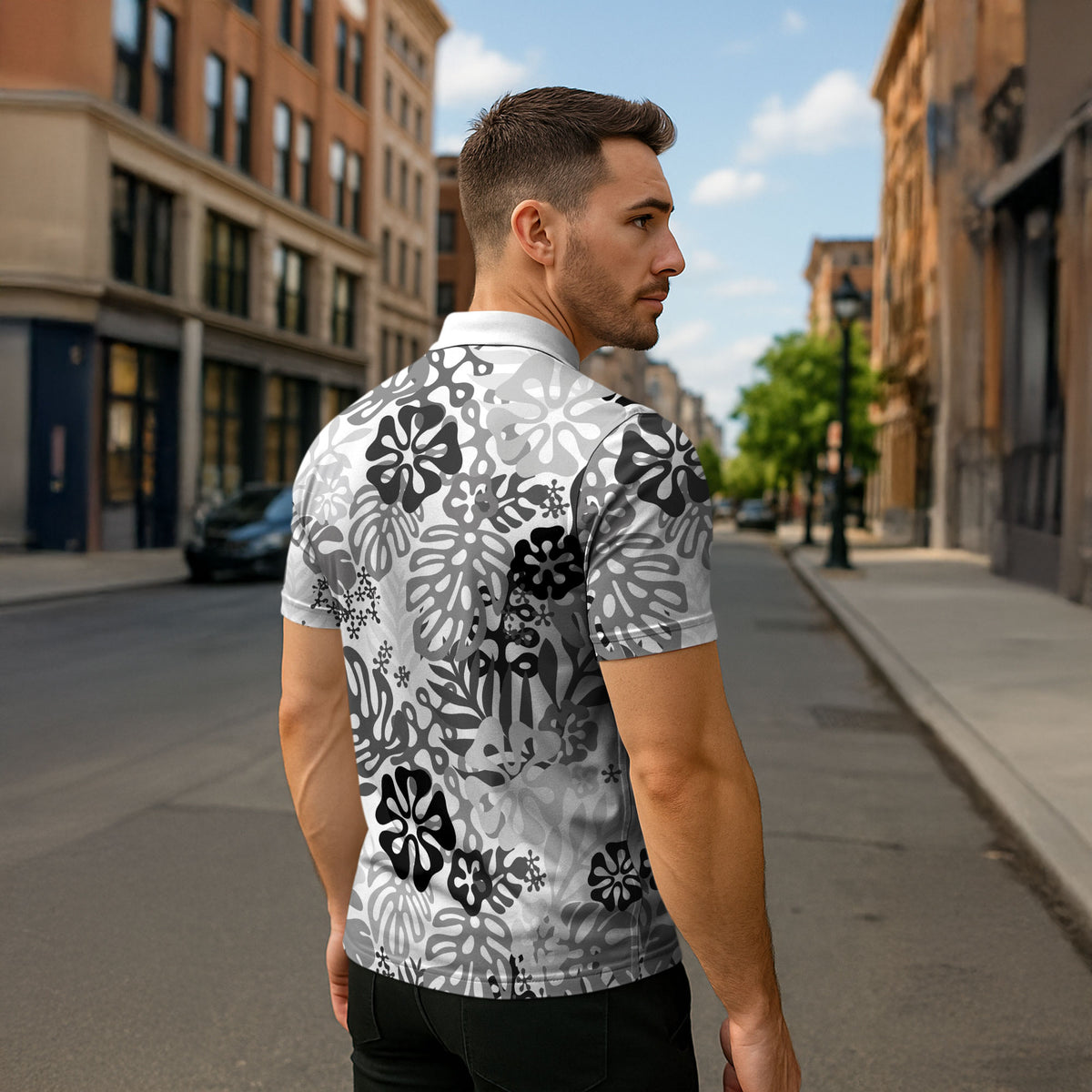 White Aloha Hawaiian Zipper Polo Shirt Monstera Hibiscus Tropical Pattern