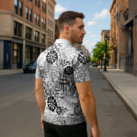 White Aloha Hawaiian Zipper Polo Shirt Monstera Hibiscus Tropical Pattern
