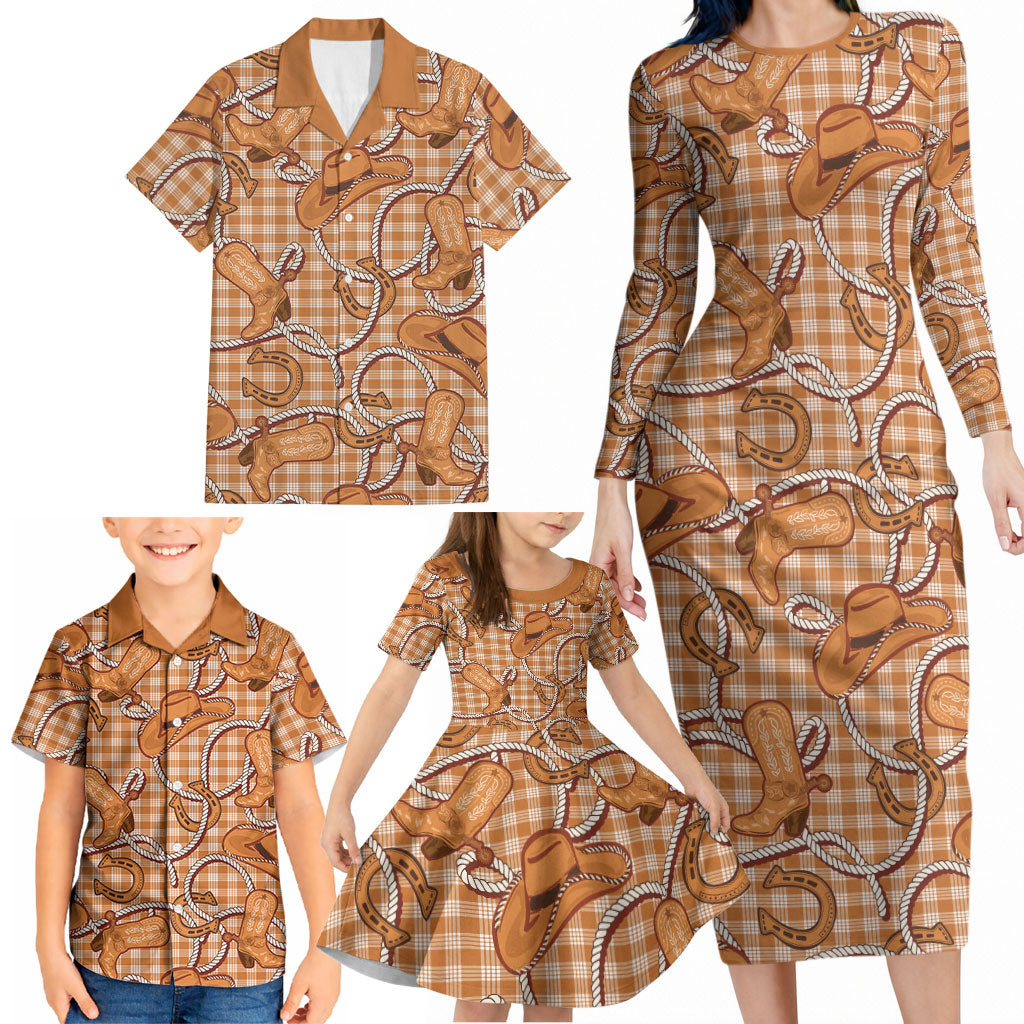 Brown Hawaii Palaka Cowboy Family Matching Long Sleeve Bodycon Dress and Hawaiian Shirt Hawaiian Paniolo Festival Spirit