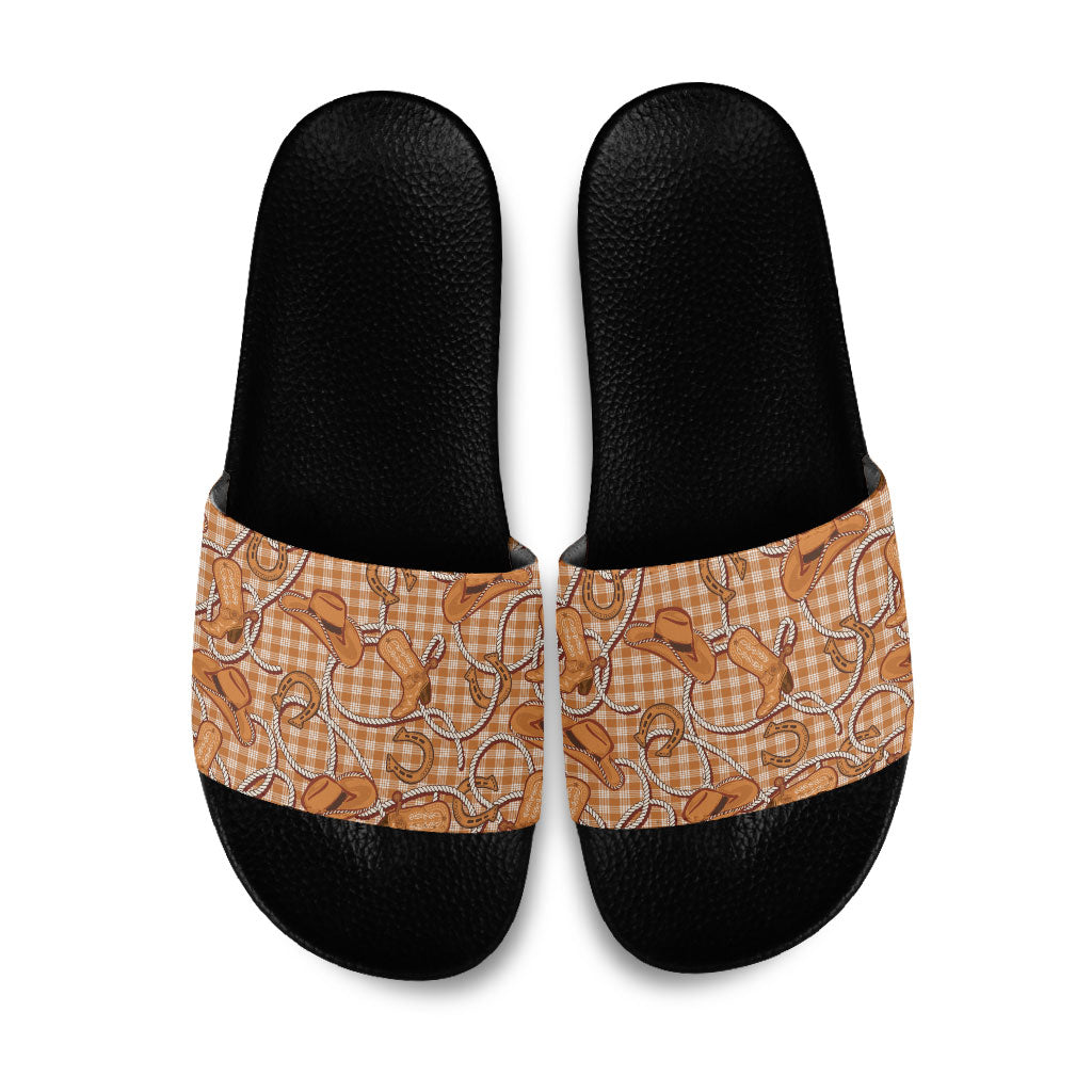 Brown Hawaii Palaka Cowboy Slide Sandals Hawaiian Paniolo Festival Spirit LT19 Brown - Polynesian Pride