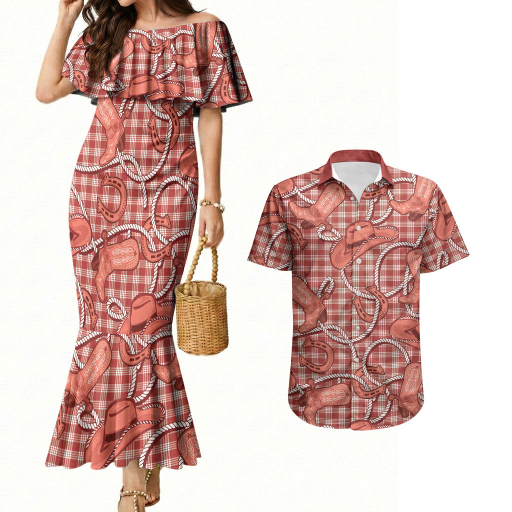 Red Hawaii Palaka Cowboy Couples Matching Mermaid Dress and Hawaiian Shirt Hawaiian Paniolo Festival Spirit LT19 Red - Polynesian Pride
