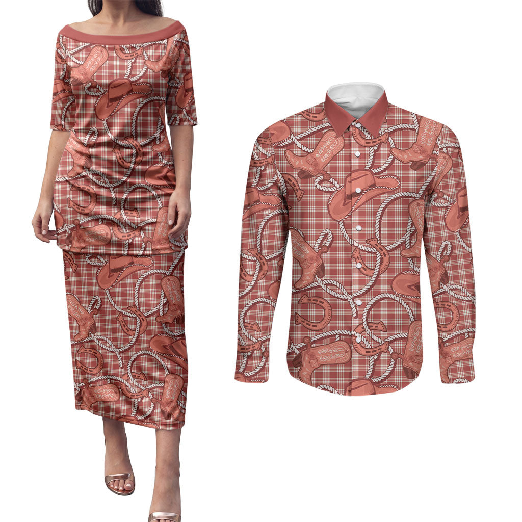 Red Hawaii Palaka Cowboy Couples Matching Puletasi and Long Sleeve Button Shirt Hawaiian Paniolo Festival Spirit LT19 Red - Polynesian Pride