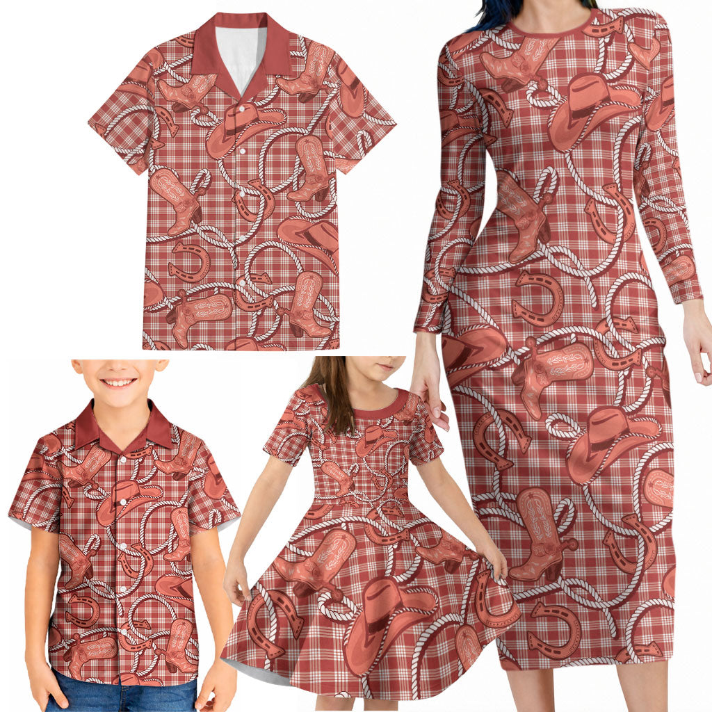 Red Hawaii Palaka Cowboy Family Matching Long Sleeve Bodycon Dress and Hawaiian Shirt Hawaiian Paniolo Festival Spirit LT19 - Polynesian Pride