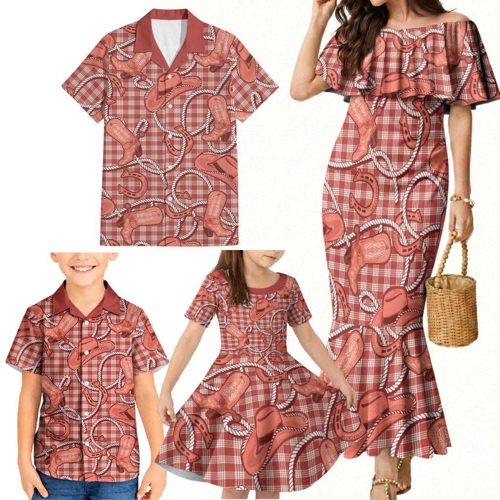 Red Hawaii Palaka Cowboy Family Matching Mermaid Dress and Hawaiian Shirt Hawaiian Paniolo Festival Spirit LT19 - Polynesian Pride