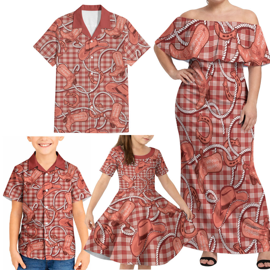 Red Hawaii Palaka Cowboy Family Matching Off Shoulder Maxi Dress and Hawaiian Shirt Hawaiian Paniolo Festival Spirit LT19 - Polynesian Pride