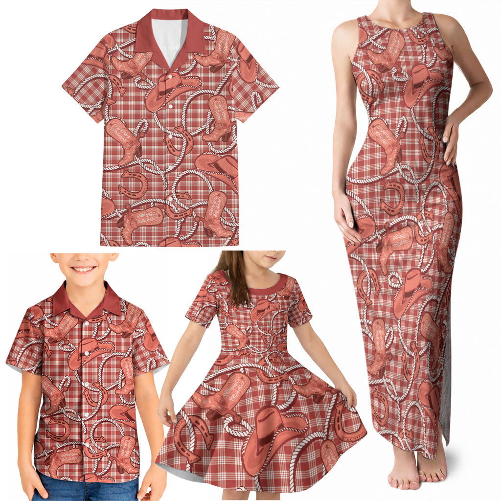 Red Hawaii Palaka Cowboy Family Matching Tank Maxi Dress and Hawaiian Shirt Hawaiian Paniolo Festival Spirit LT19 - Polynesian Pride