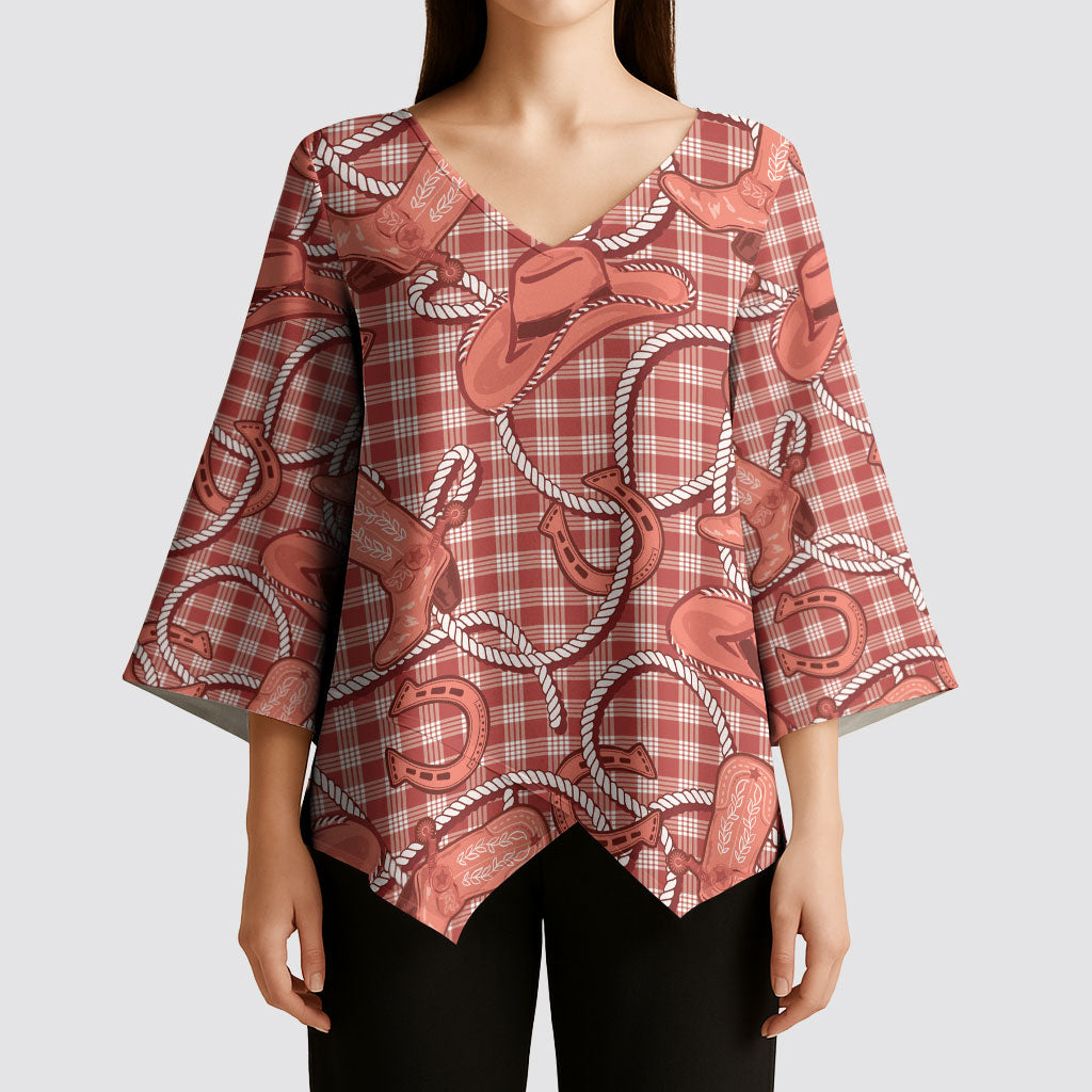 Red Hawaii Palaka Cowboy Kimono Sleeve Blouse Hawaiian Paniolo Festival Spirit LT19 - Polynesian Pride