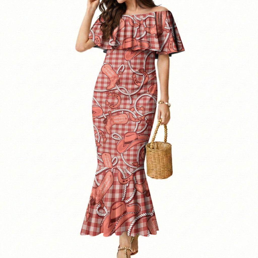Red Hawaii Palaka Cowboy Mermaid Dress Hawaiian Paniolo Festival Spirit LT19 Women Red - Polynesian Pride