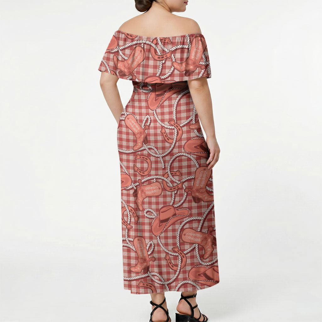 Red Hawaii Palaka Cowboy Off Shoulder Maxi Dress Hawaiian Paniolo Festival Spirit LT19 - Polynesian Pride