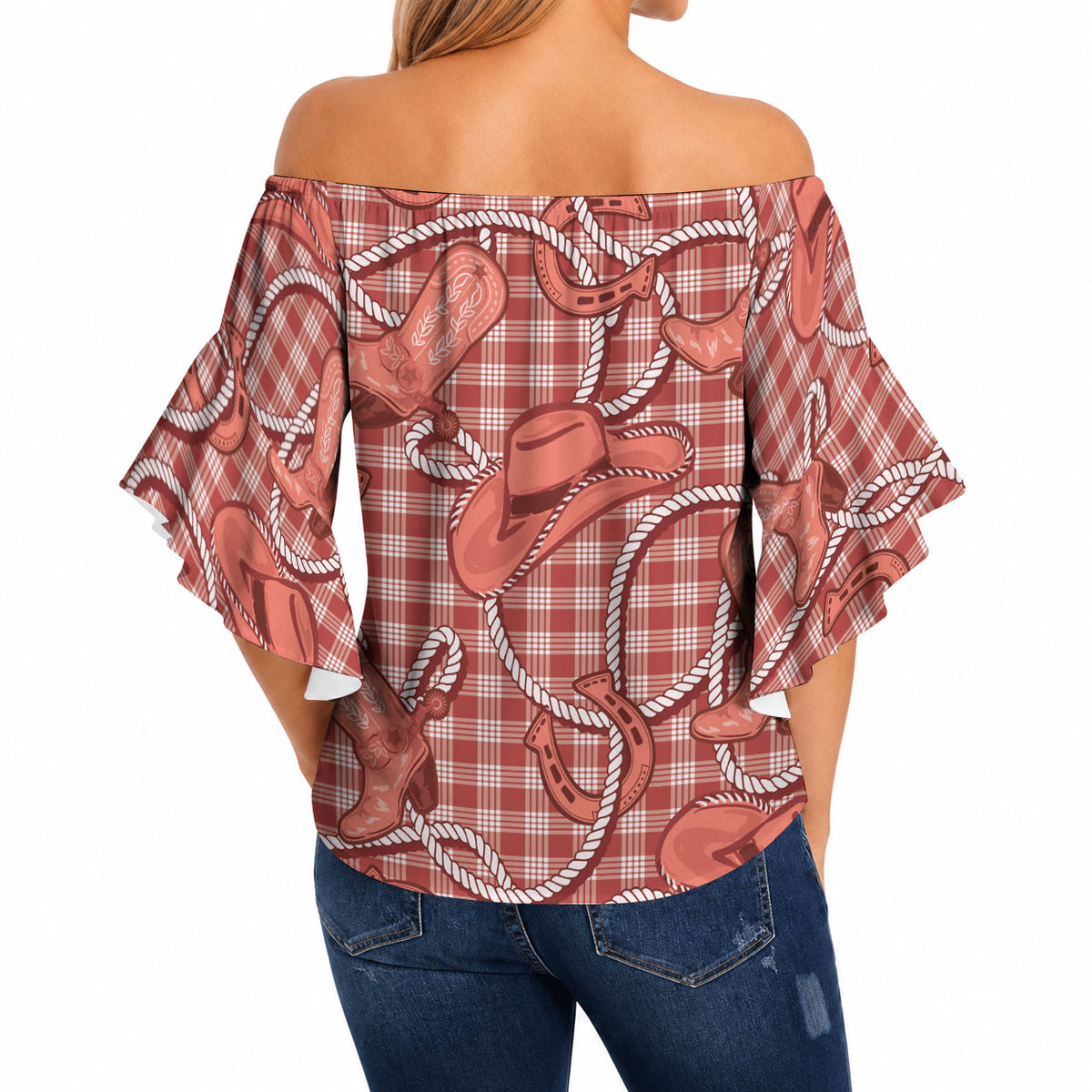 Red Hawaii Palaka Cowboy Off Shoulder Wrap Waist Top Hawaiian Paniolo Festival Spirit LT19 - Polynesian Pride