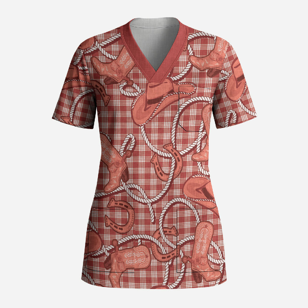 Red Hawaii Palaka Cowboy Scrub Top Hawaiian Paniolo Festival Spirit LT19 Adult Red - Polynesian Pride