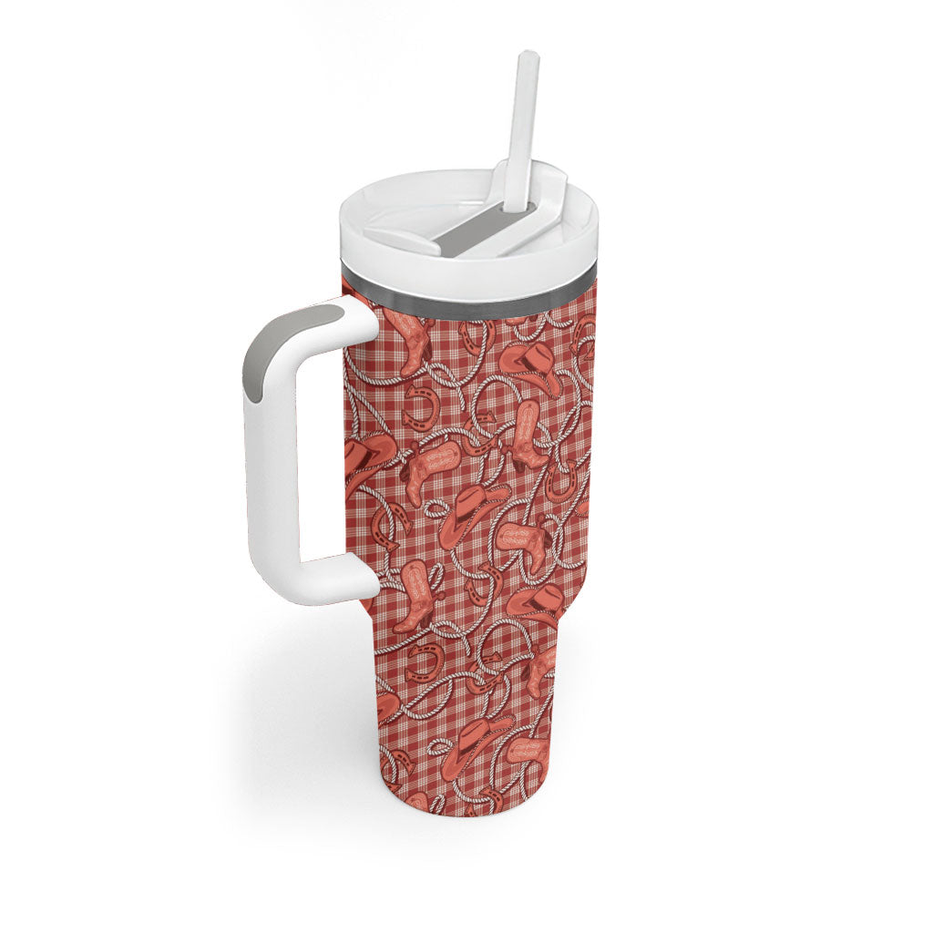 Red Hawaii Palaka Cowboy Tumbler With Handle Hawaiian Paniolo Festival Spirit LT19 - Polynesian Pride
