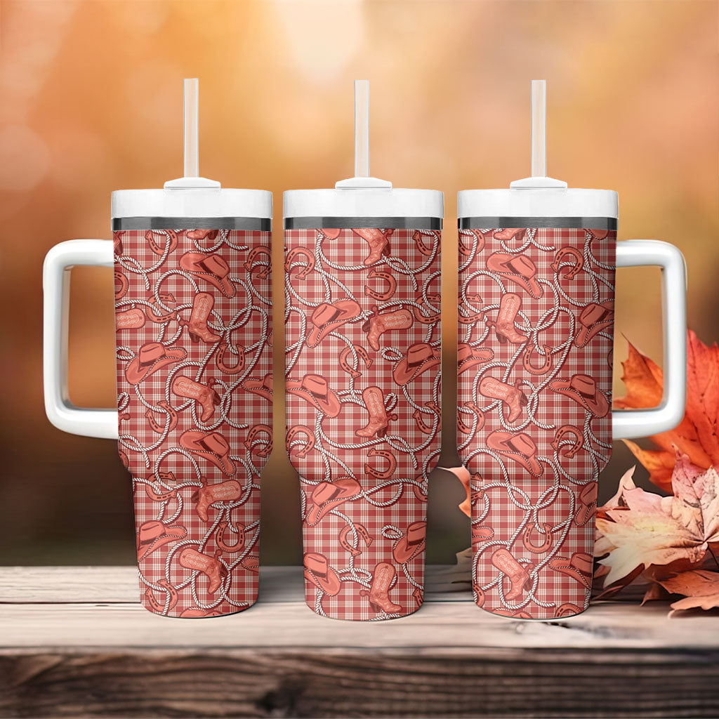 Red Hawaii Palaka Cowboy Tumbler With Handle Hawaiian Paniolo Festival Spirit LT19 - Polynesian Pride