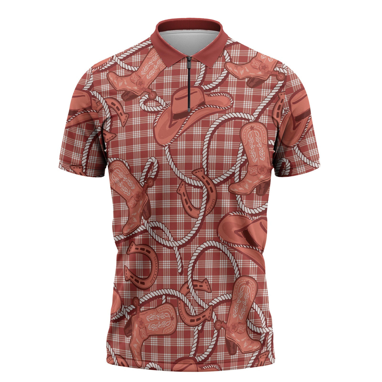 Red Hawaii Palaka Cowboy Zipper Polo Shirt Hawaiian Paniolo Festival Spirit