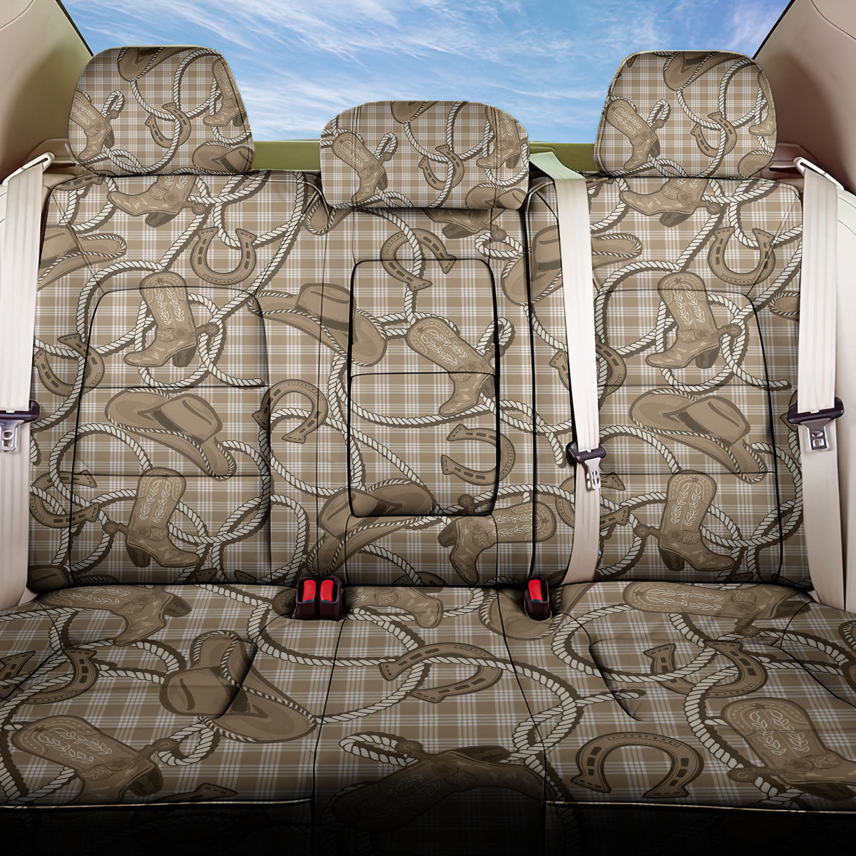 Beige Hawaii Palaka Cowboy Back Car Seat Cover Hawaiian Paniolo Festival Spirit
