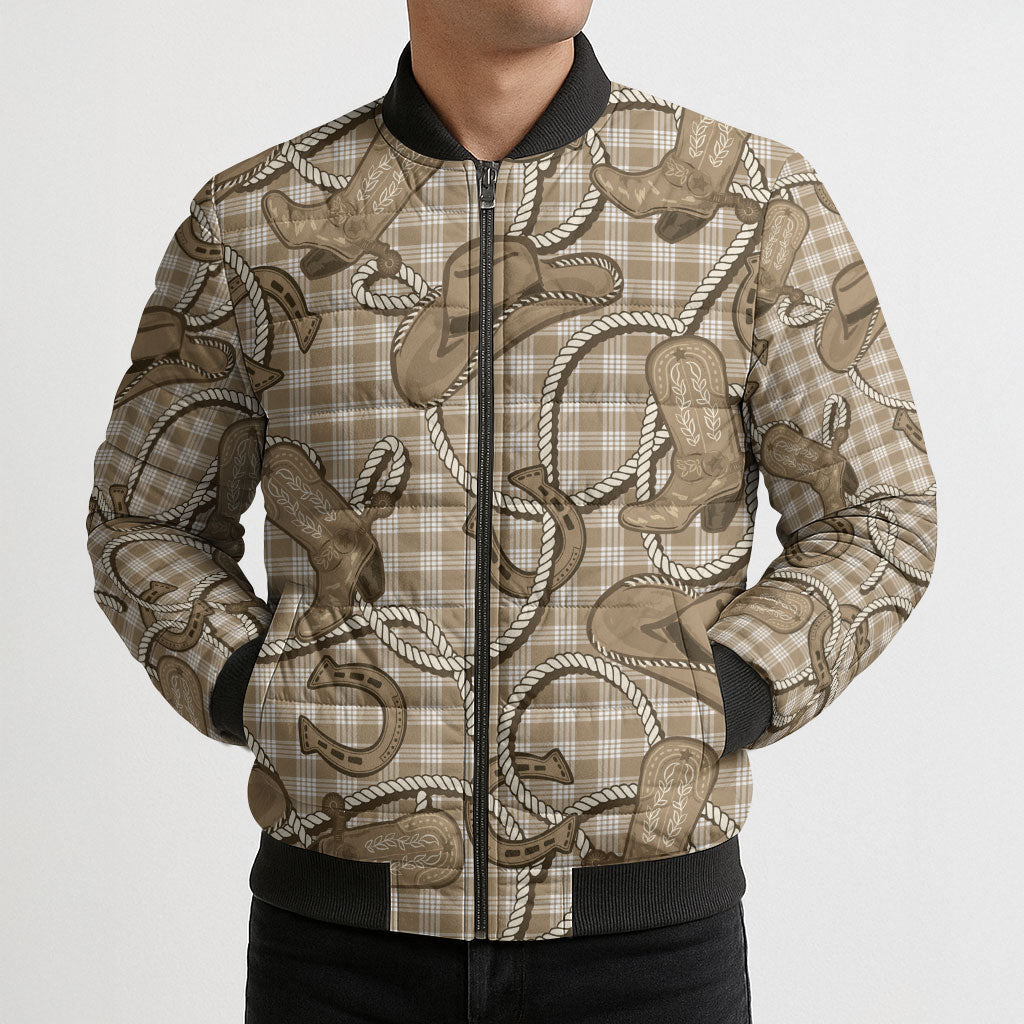 Beige Hawaii Palaka Cowboy Bomber Puffer Jacket Hawaiian Paniolo Festival Spirit LT19 - Polynesian Pride