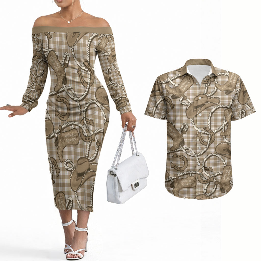Beige Hawaii Palaka Cowboy Couples Matching Off The Shoulder Long Sleeve Dress and Hawaiian Shirt Hawaiian Paniolo Festival Spirit
