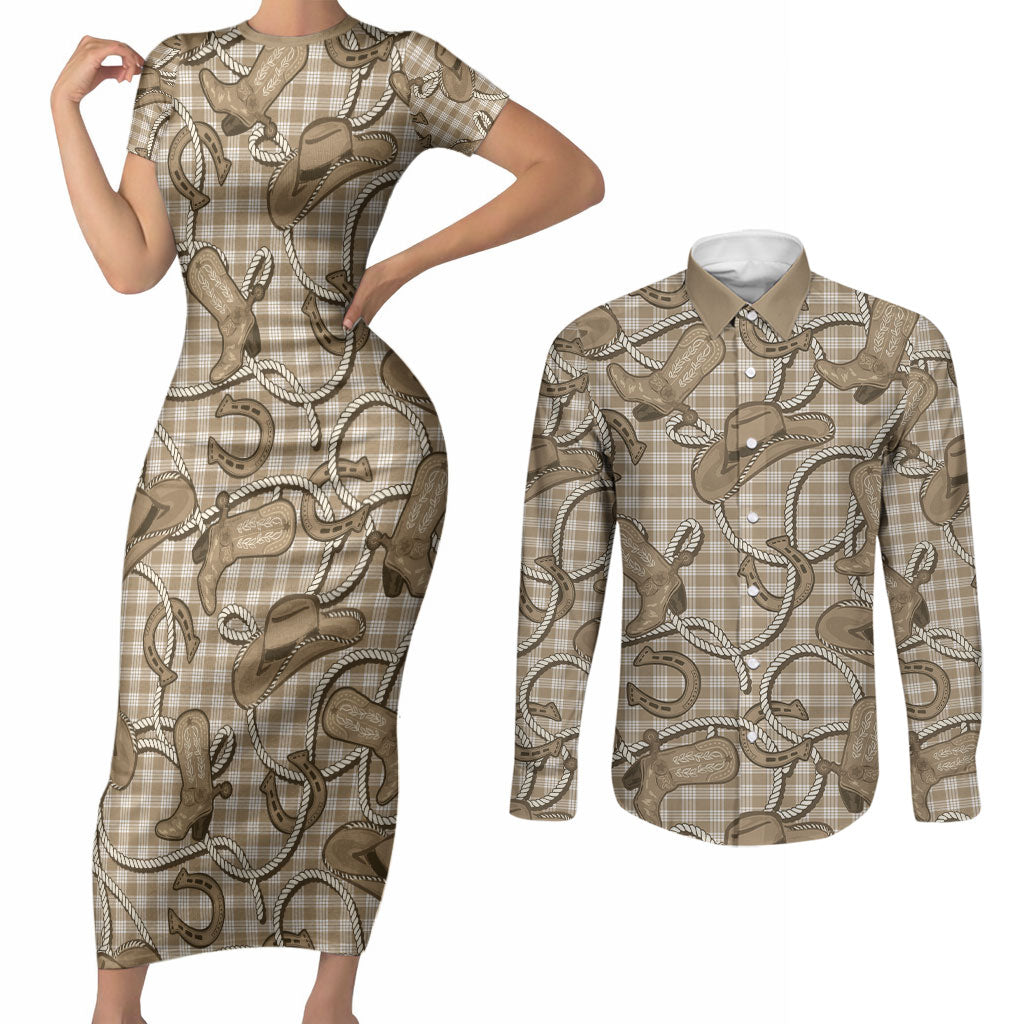 Beige Hawaii Palaka Cowboy Couples Matching Short Sleeve Bodycon Dress and Long Sleeve Button Shirt Hawaiian Paniolo Festival Spirit