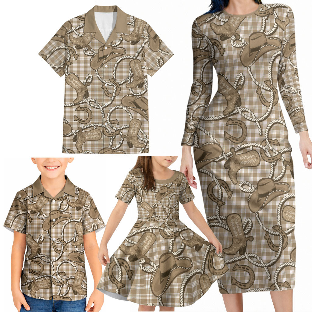 Beige Hawaii Palaka Cowboy Family Matching Long Sleeve Bodycon Dress and Hawaiian Shirt Hawaiian Paniolo Festival Spirit