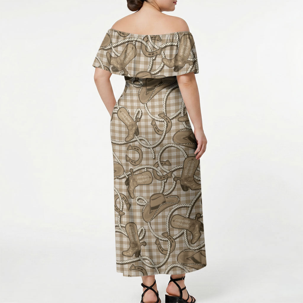 Beige Hawaii Palaka Cowboy Off Shoulder Maxi Dress Hawaiian Paniolo Festival Spirit LT19 - Polynesian Pride