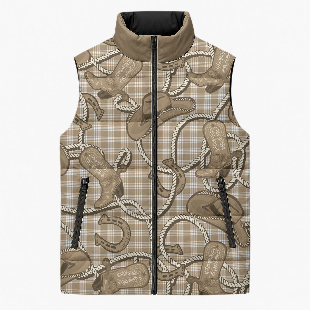 Beige Hawaii Palaka Cowboy Sleeveless Puffer Jacket Hawaiian Paniolo Festival Spirit