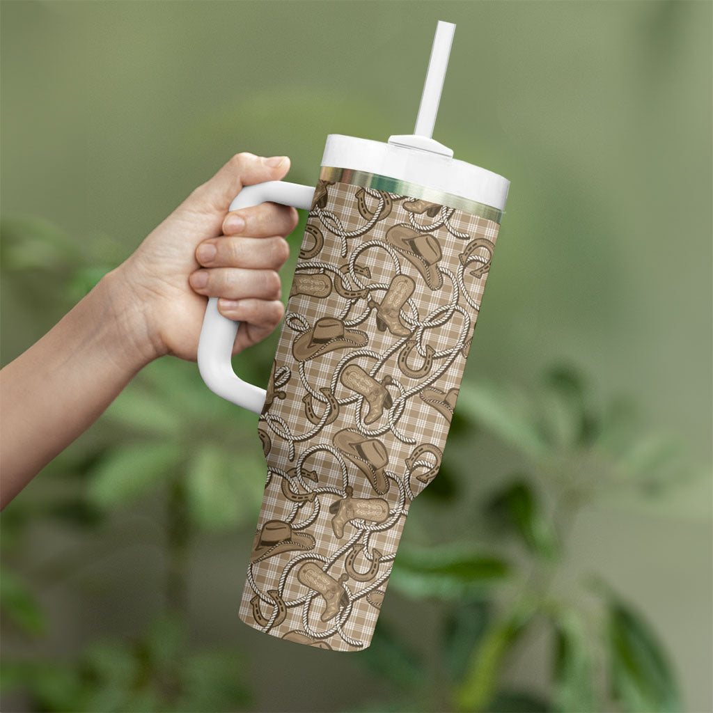 Beige Hawaii Palaka Cowboy Tumbler With Handle Hawaiian Paniolo Festival Spirit LT19 - Polynesian Pride