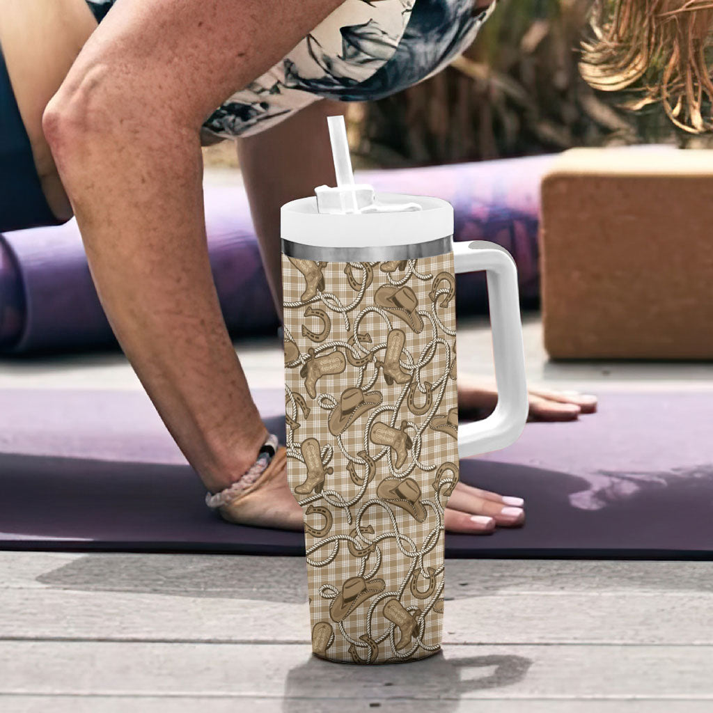 Beige Hawaii Palaka Cowboy Tumbler With Handle Hawaiian Paniolo Festival Spirit LT19 - Polynesian Pride