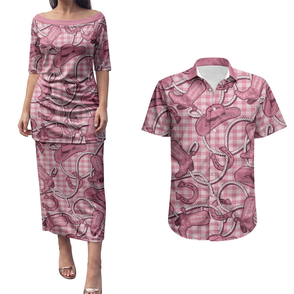 Pink Hawaii Palaka Cowboy Couples Matching Puletasi and Hawaiian Shirt Hawaiian Paniolo Festival Spirit