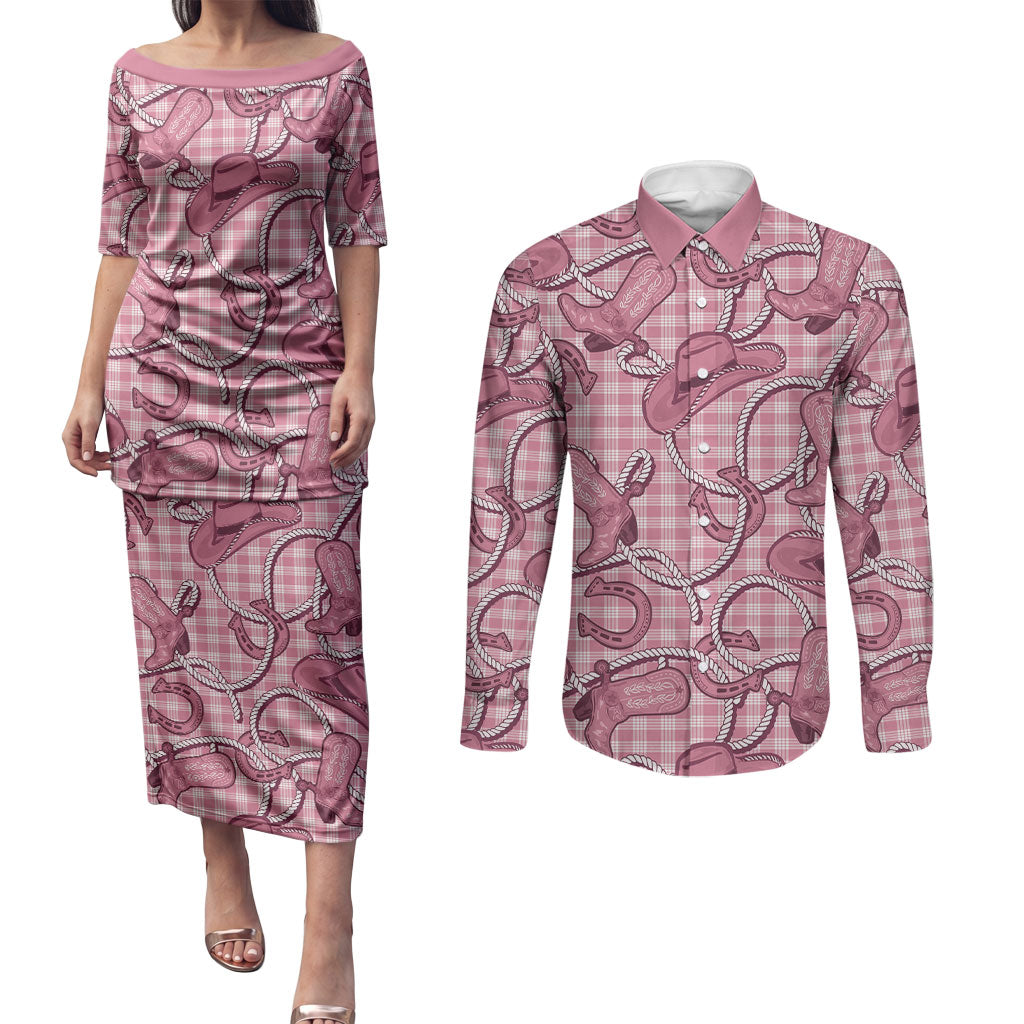 Pink Hawaii Palaka Cowboy Couples Matching Puletasi and Long Sleeve Button Shirt Hawaiian Paniolo Festival Spirit LT19 Pink - Polynesian Pride