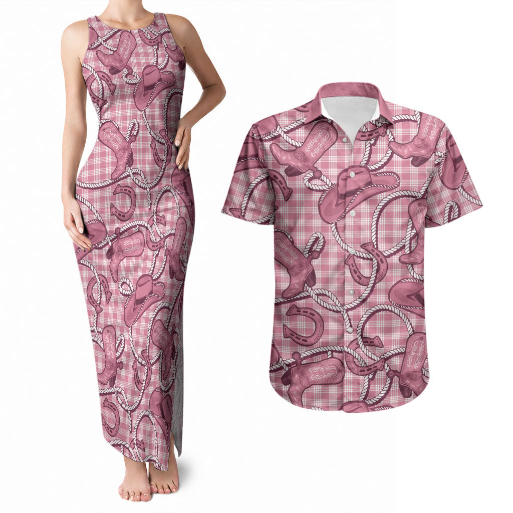 Pink Hawaii Palaka Cowboy Couples Matching Tank Maxi Dress and Hawaiian Shirt Hawaiian Paniolo Festival Spirit