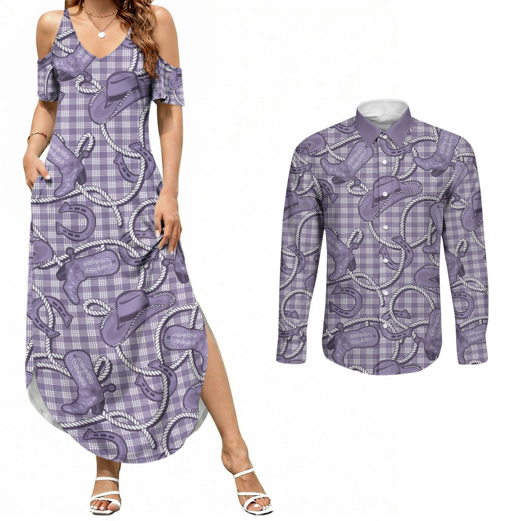 Purple Hawaii Palaka Cowboy Couples Matching Summer Maxi Dress and Long Sleeve Button Shirt Hawaiian Paniolo Festival Spirit