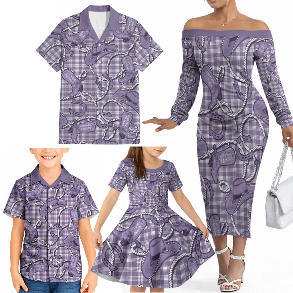Purple Hawaii Palaka Cowboy Family Matching Off The Shoulder Long Sleeve Dress and Hawaiian Shirt Hawaiian Paniolo Festival Spirit
