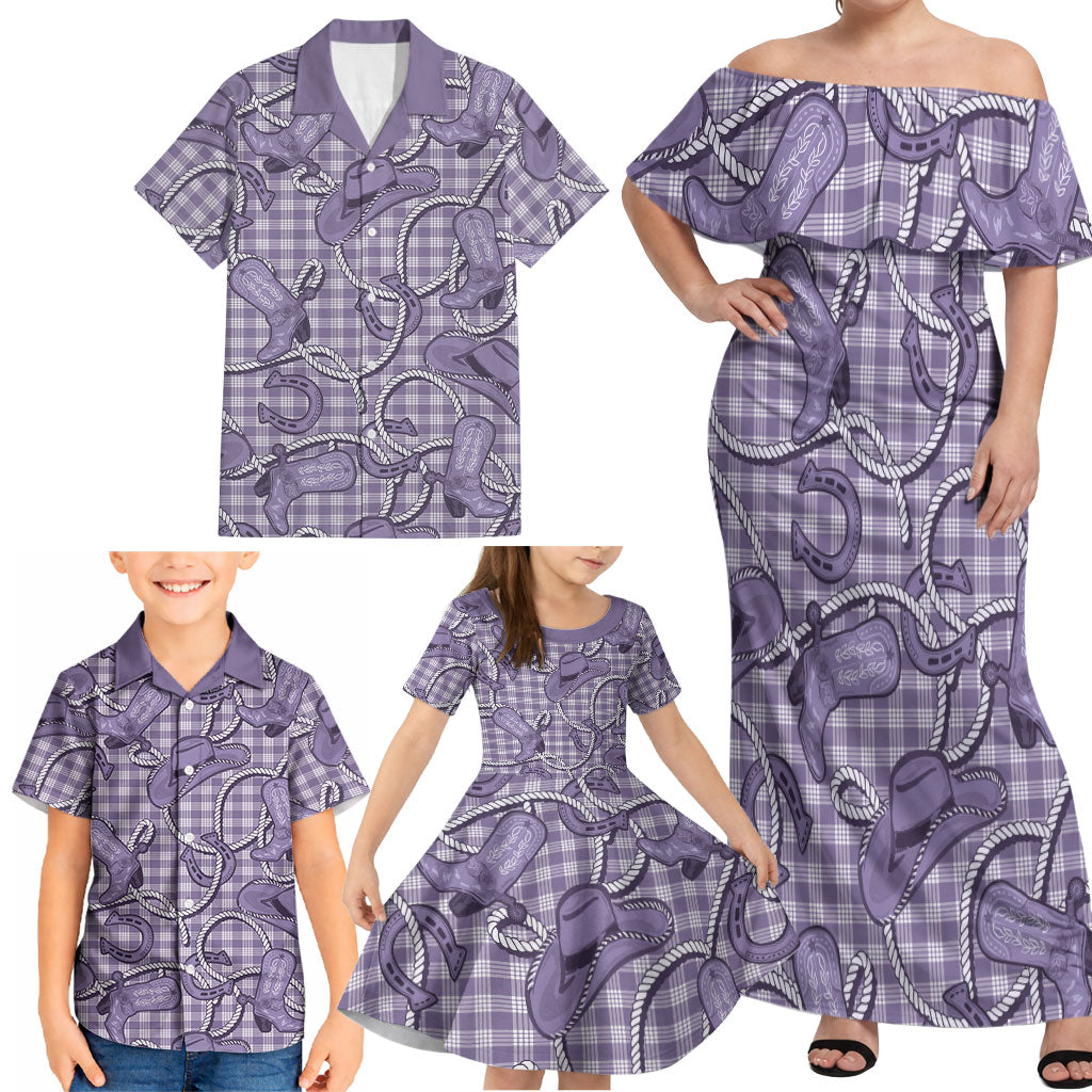 Purple Hawaii Palaka Cowboy Family Matching Off Shoulder Maxi Dress and Hawaiian Shirt Hawaiian Paniolo Festival Spirit