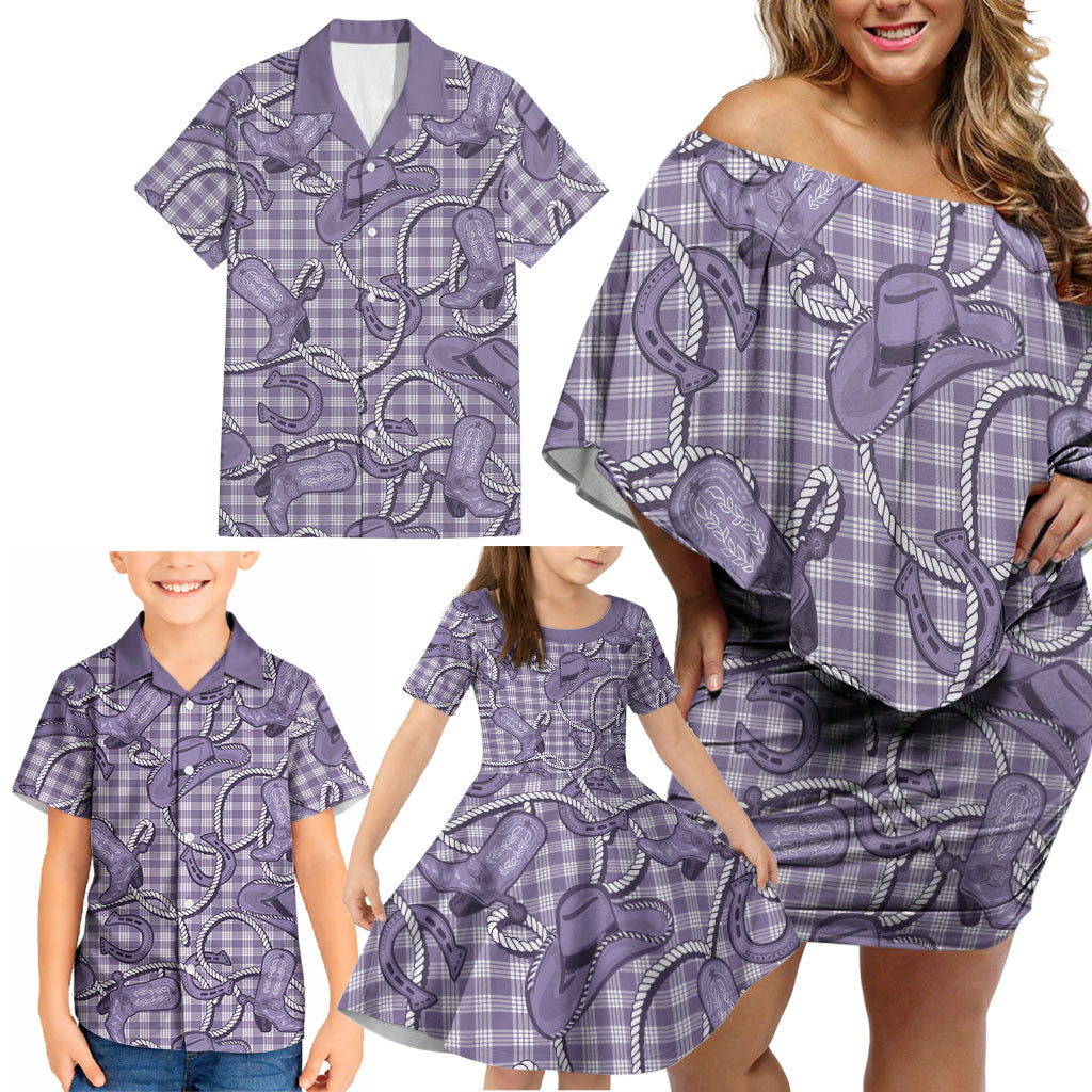 Purple Hawaii Palaka Cowboy Family Matching Off Shoulder Short Dress and Hawaiian Shirt Hawaiian Paniolo Festival Spirit