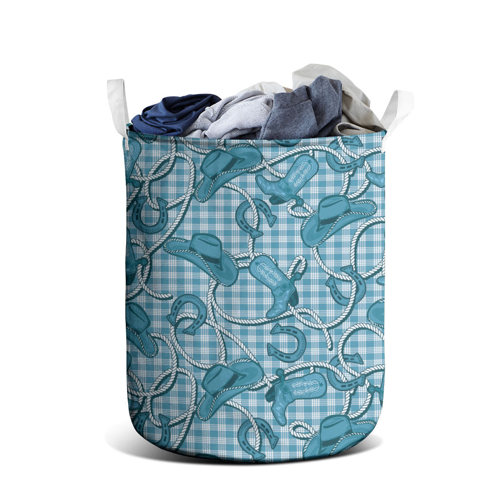 Blue Hawaii Palaka Cowboy Laundry Basket Hawaiian Paniolo Festival Spirit LT19 - Polynesian Pride