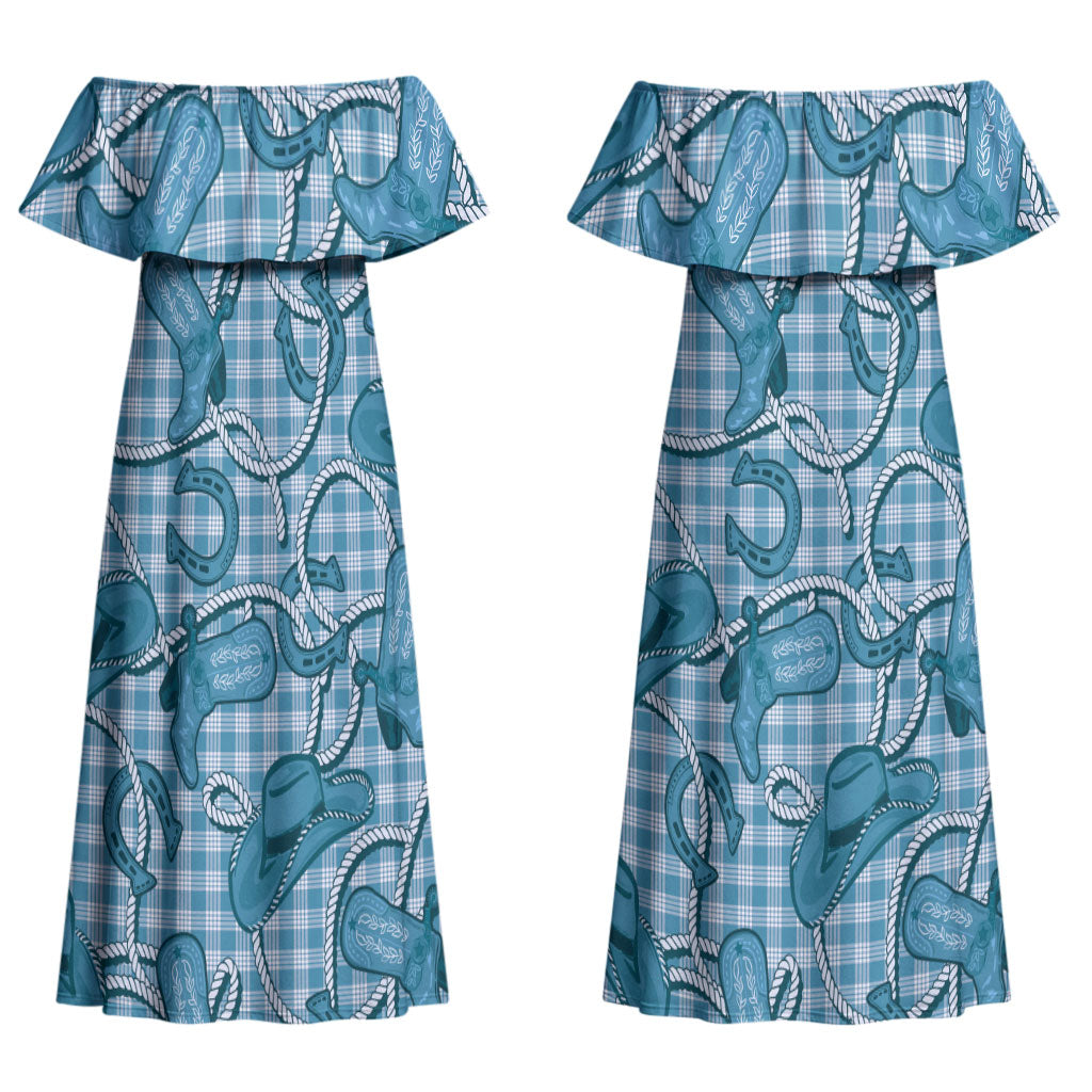 Blue Hawaii Palaka Cowboy Couples Matching Off Shoulder Maxi Dress and Hawaiian Shirt Hawaiian Paniolo Festival Spirit LT19 - Polynesian Pride