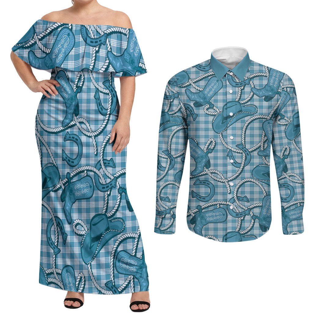 Blue Hawaii Palaka Cowboy Couples Matching Off Shoulder Maxi Dress and Long Sleeve Button Shirt Hawaiian Paniolo Festival Spirit LT19 Blue - Polynesian Pride