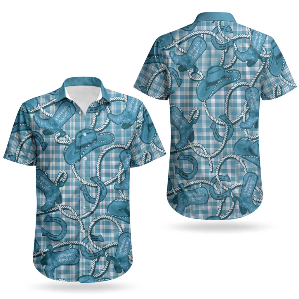 Blue Hawaii Palaka Cowboy Couples Matching Off Shoulder Short Dress and Hawaiian Shirt Hawaiian Paniolo Festival Spirit LT19 - Polynesian Pride