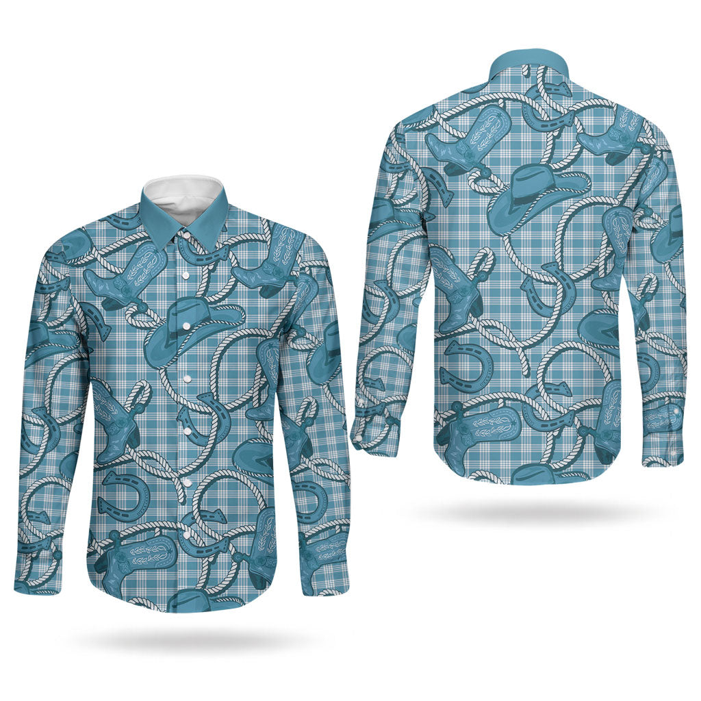 Blue Hawaii Palaka Cowboy Couples Matching Off Shoulder Short Dress and Long Sleeve Button Shirt Hawaiian Paniolo Festival Spirit LT19 - Polynesian Pride
