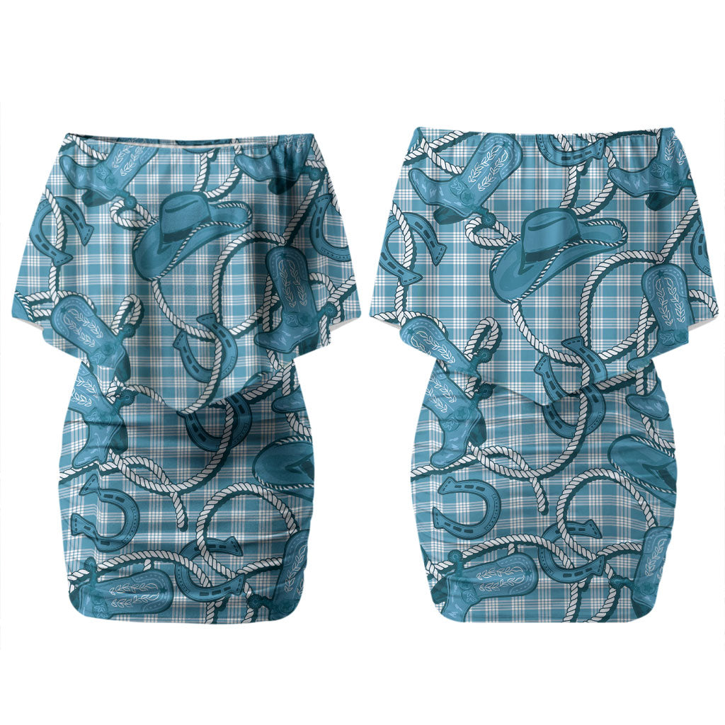 Blue Hawaii Palaka Cowboy Couples Matching Off Shoulder Short Dress and Long Sleeve Button Shirt Hawaiian Paniolo Festival Spirit LT19 - Polynesian Pride