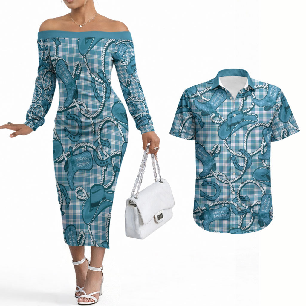 Blue Hawaii Palaka Cowboy Couples Matching Off The Shoulder Long Sleeve Dress and Hawaiian Shirt Hawaiian Paniolo Festival Spirit LT19 Blue - Polynesian Pride