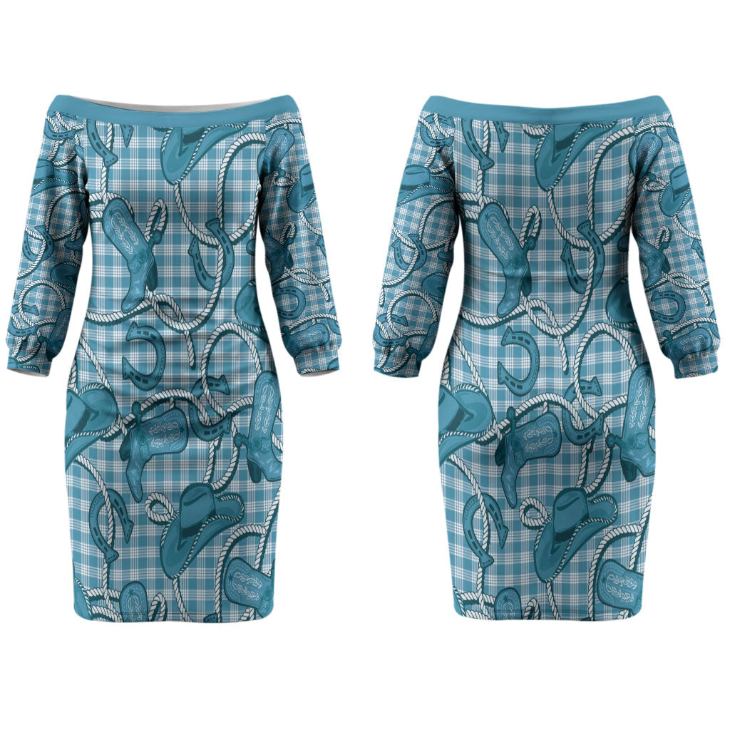 Blue Hawaii Palaka Cowboy Couples Matching Off The Shoulder Long Sleeve Dress and Hawaiian Shirt Hawaiian Paniolo Festival Spirit LT19 - Polynesian Pride